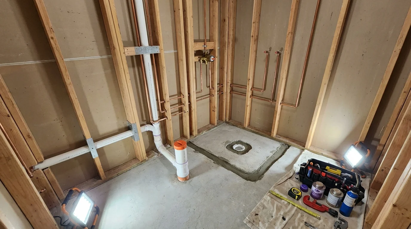 Bathroom rough-in plumbing during remodel by Johns Plumbing LLC in Franklin Park