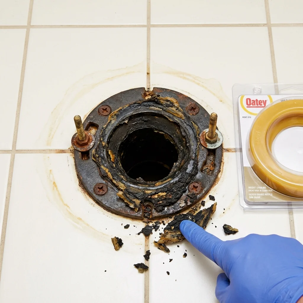 Failed wax ring showing water seepage at the base of a toilet in a Franklin Park, NJ home