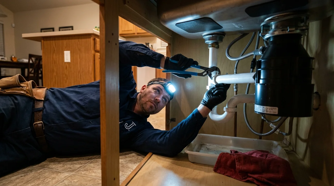 P-trap and supply line connections under a kitchen sink showing a common leak point in Franklin Park, NJ